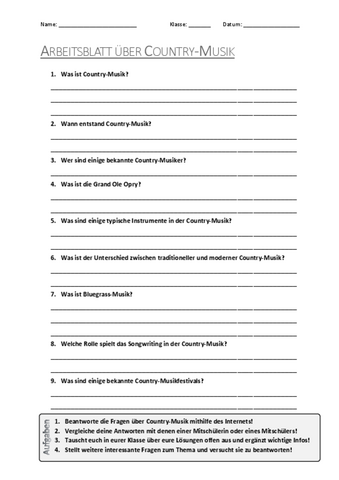 Arbeitsblatt zum Thema "Country-Musik" | Unterricht.Schule